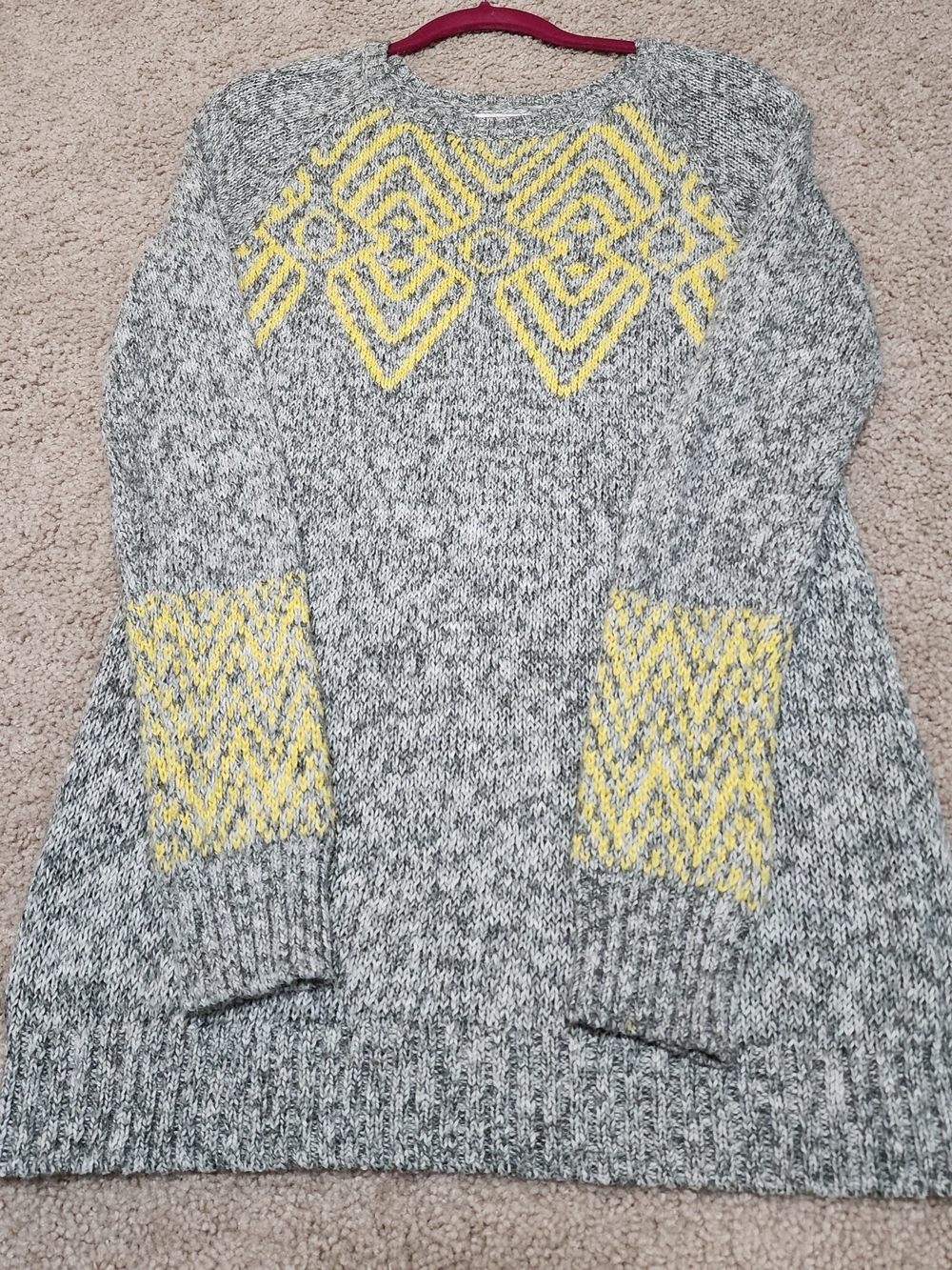 Maurices Gray Sweater with Yellow Geometric Accents